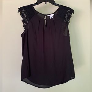 Candies - Black chiffon blouse with cap sleeve lace/crochet detail & keyhole - M